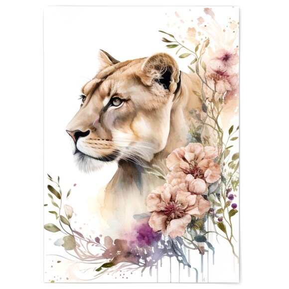 Cute Floral Lioness Watercolor Wall Art Illustration Print Poster Card Unframed - Picture 2 of 5